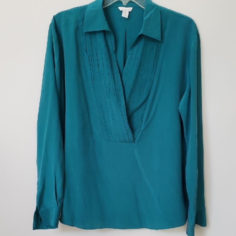 Garnet Hill Top Womens 12 Silk Abstract Pleat V Neck Teal Green Tunic Blouse